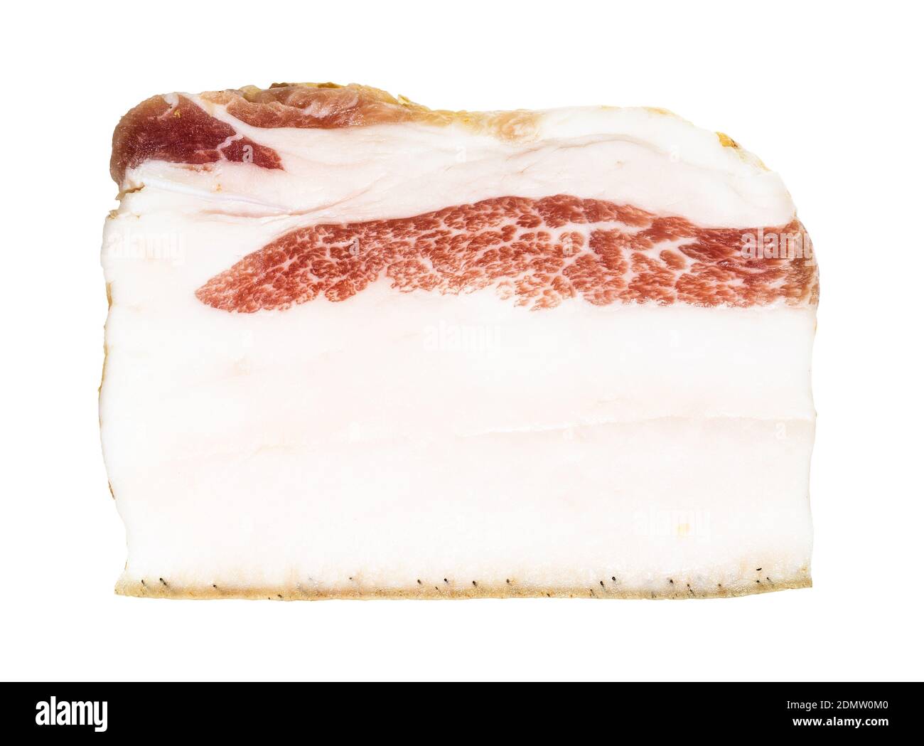 slice of Salo (salted pork fatback) with meat layer and skin isolated on white background Stock Photo