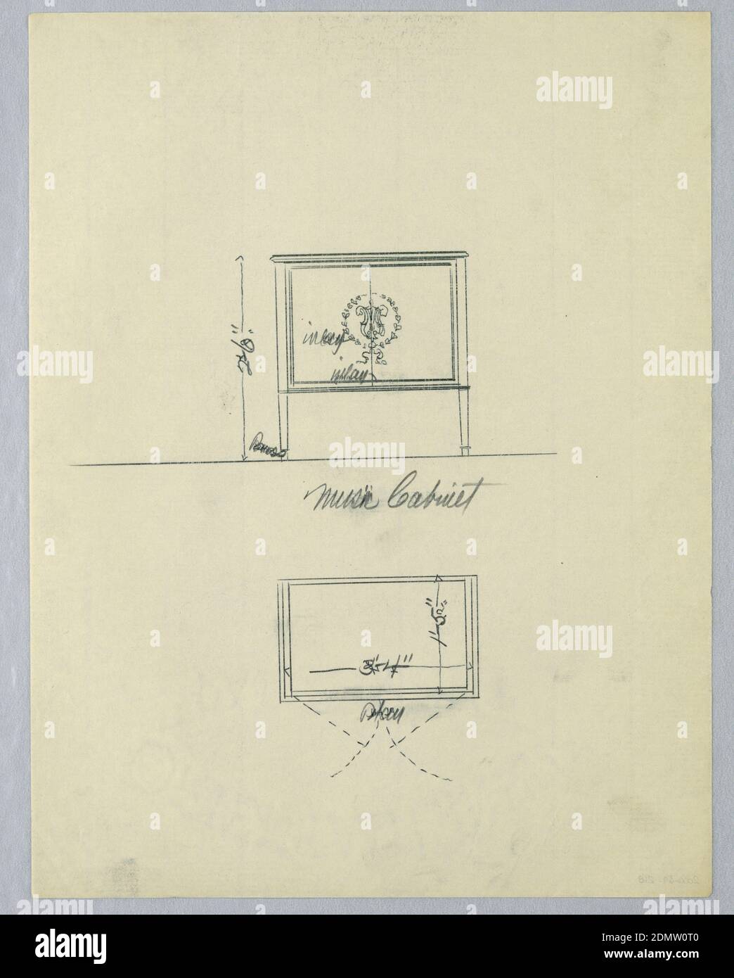 Elevation and Plan of Music Cabinet with Inlay, A.N. Davenport Co., Graphite on thin cream paper, Elevation (upper half of sheet): rectangular 2-door panel at front with inlaid laurel wreath center; raised on straight slightly tapering feet. Plan (below center): rectangular top of cabinet., 1900–05, furniture, Drawing Stock Photo