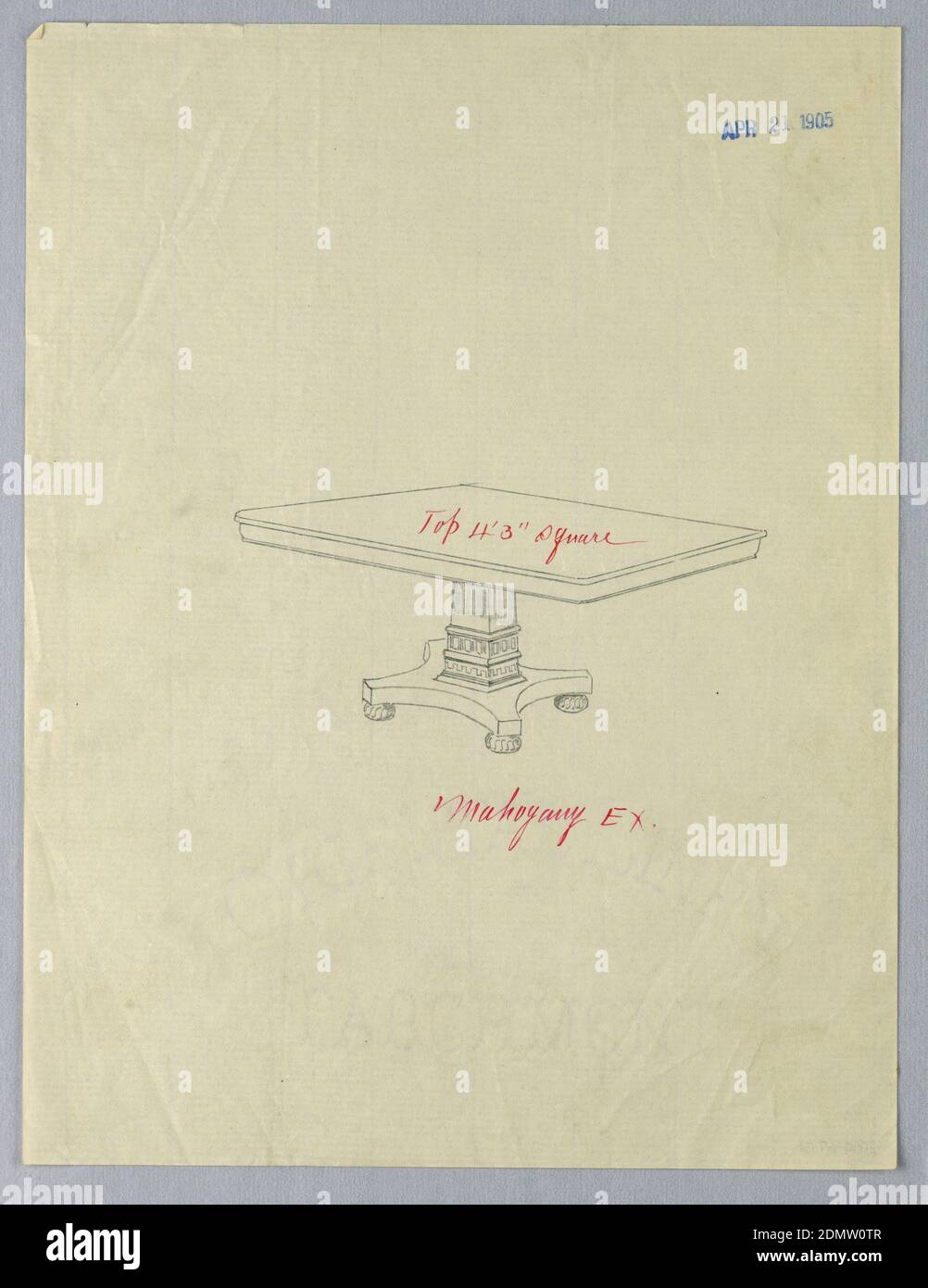 Design for a Square Mahogany Dining Table, A.N. Davenport Co., Graphite on thin, cream paper, Square molded table top raised on molded slightly flaring suppor decorated with dentils and Greek key motifs at bottom, standing atop molded base raised on 4 carved bun feet., April 21, 1905, furniture, Drawing Stock Photo