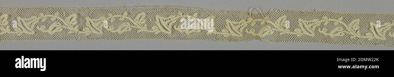 Band, Medium: cotton Technique: bobbin lace (late Valenciennes ground), Curving stem with leaves and flowers on diamond mesh., 19th century, lace, Band Stock Photo