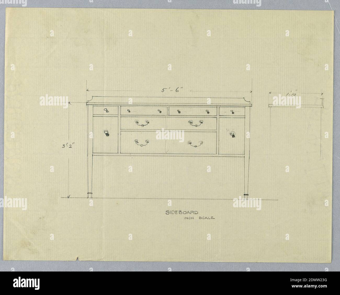 Design for Sideboard with Six Drawers in Plan and Elevation, A.N. Davenport Co., Graphite on thin cream paper, Elevation view: rectangular sideboard with backsplash and 4 straight tapering legs [2 shown]; 2 large horizontal drawers center front, flanked by 2 doors and topped by 4 small conforming drawers extending across entire front., Side view: rectangular silhouette., 1900–05, furniture, Drawing Stock Photo