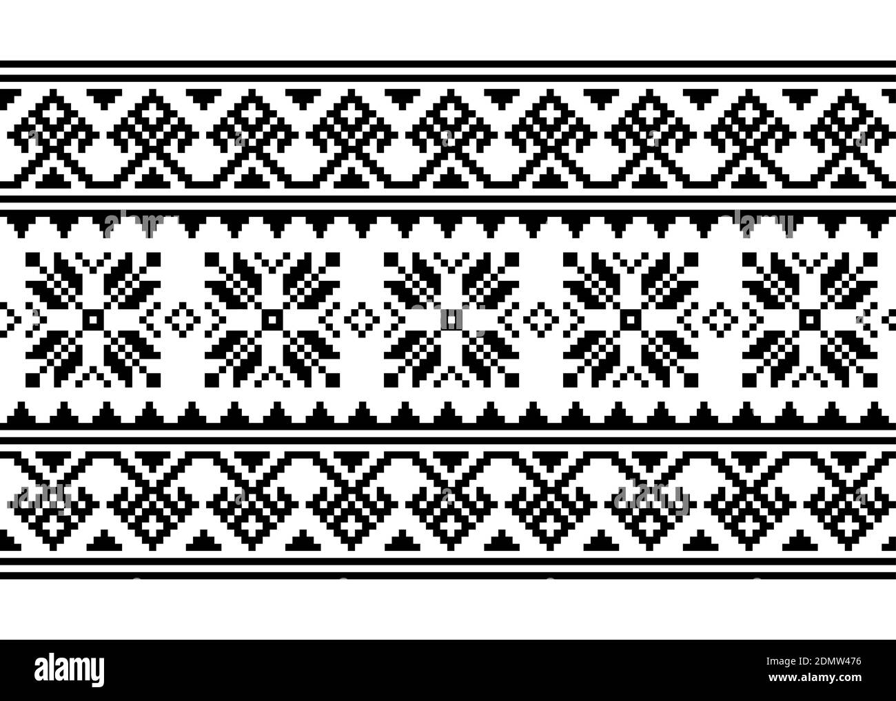 Ukrainian, Belarusian cross-stitch vector seamless pattern, monochrome long retro ornament inpired by folk art - Vyshyvanka Stock Vector