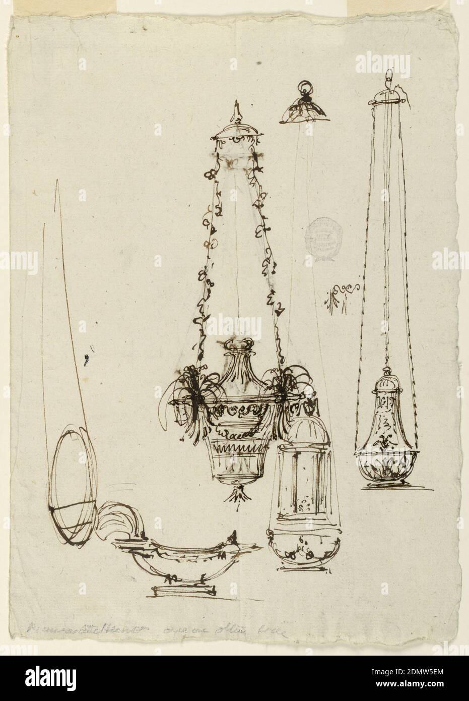 Altar Lamps, Censers, Incense Boat, Pen and brown ink on off-white laid paper, Loose sketches. Censer with floral chains., Italy, ca. 1800, metalwork, Drawing Stock Photo