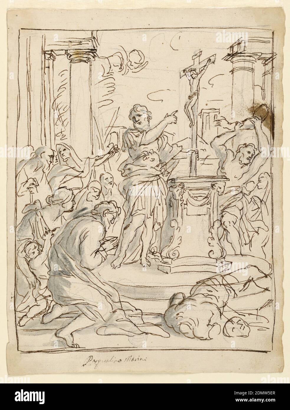 Sketches for paintings. Obverse: A Roman officer holds a crucifix upon a heathen altar. Reverse: Christ rising, Pasqualino Marini, Black crayon; Obverse: with pen ink, black watercolor wash on paper, Obverse: A bearded Roman soldier points at the crucifix he holds with his left hand on an altar. People in adoration are shown at left. A man smashes an idol at right. Framing lines. Reverse: A slight horizontal sketch and the left edge is framed by a segment between straight lines, Rome, Italy, ca. 1700, figures, Drawing Stock Photo