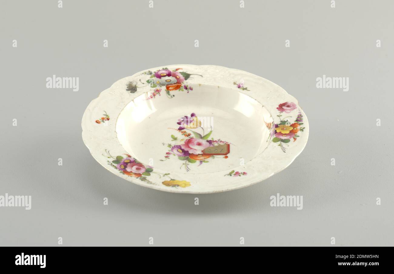 Soup Plate with Floral Pattern, hard paste porcelain, vitreous enamel, Molded with relief floral decoration and fainted with scattered flowers., Germany, 19th century, ceramics, Decorative Arts, plate, plate Stock Photo
