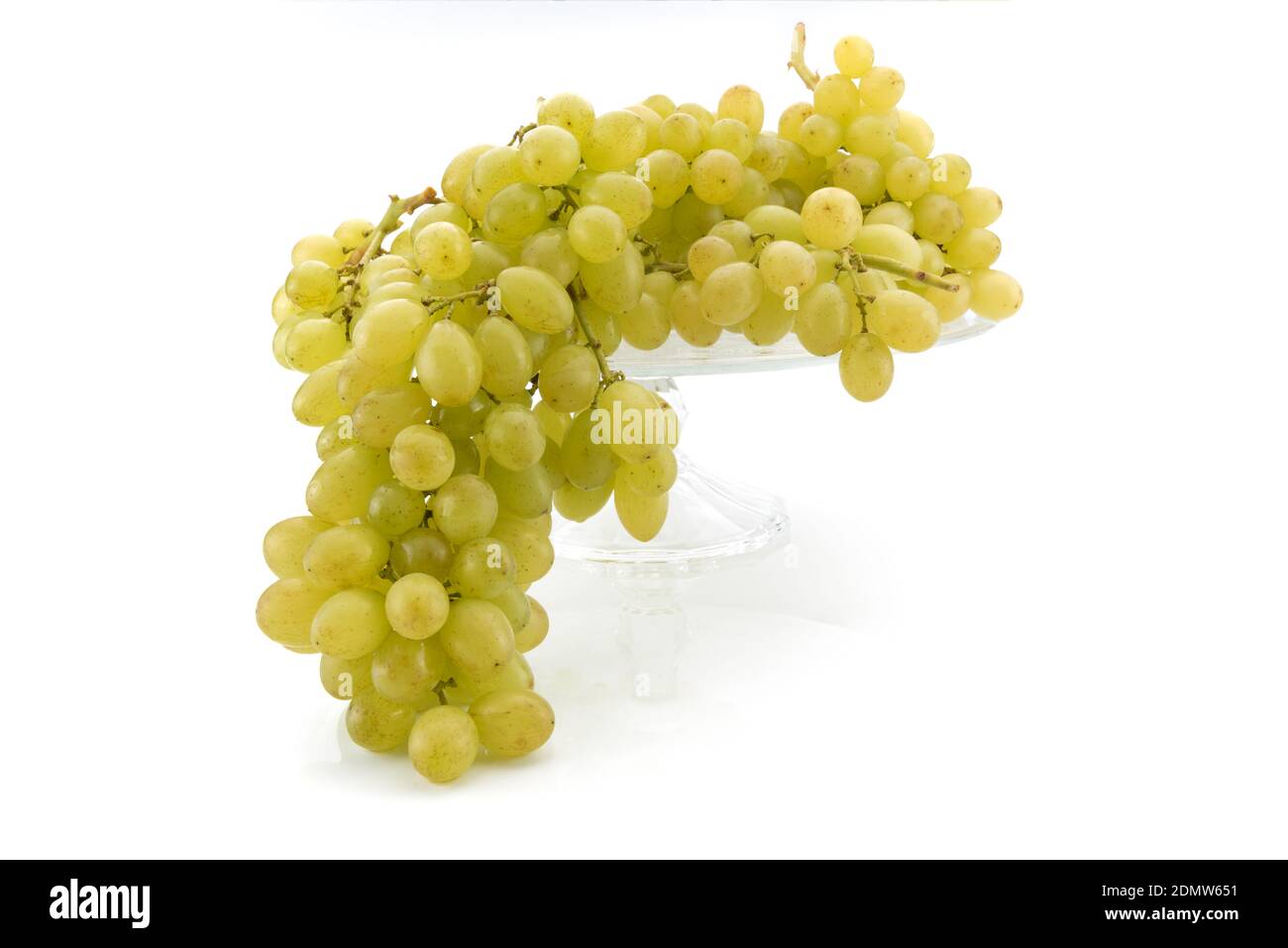 White table grapes, bunches of Uva Italia on raised glass tray isolated