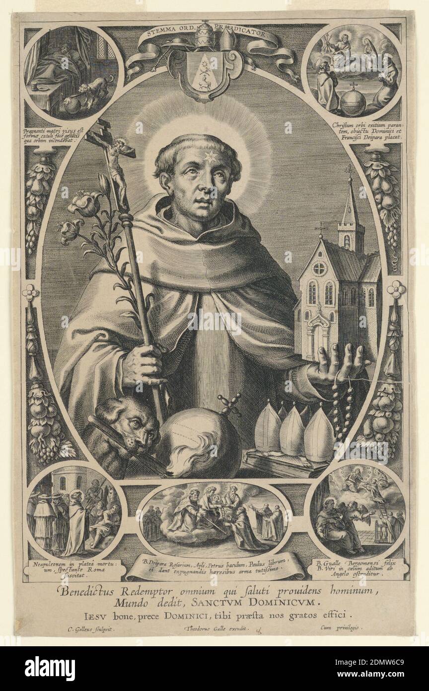 Saint Dominic, Cornelis Galle I, Flemish, 1576 - 1650, Theodor Galle, ca. 1571 - 1633, Engraving on laid paper, Saint Dominic in center oval, looking up toward the right, a star on his forehead. He holds a crucifix and lily in his right hand, a church and rosary in his left. Before him a skull, orb, dog with a torch. Three small scenes of his life around the frame. Below, the inscription: 'Benedictus Redemptor. omnium qui saluti providens nominum, Mundo dedit, SANCTUM DOMENICUM. IESU bone, prece Domenici, tibi gratis praesta nos gratos effici. Below artist's and publisher's names., Netherlands Stock Photo
