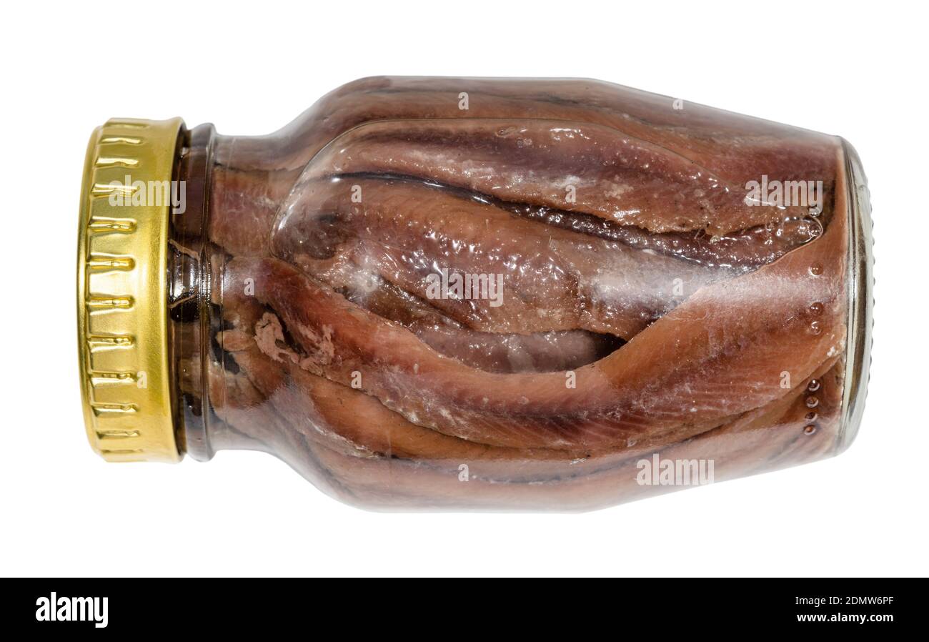 lying glass jar of canned anchovy fillets isolated on white background Stock Photo Alamy
