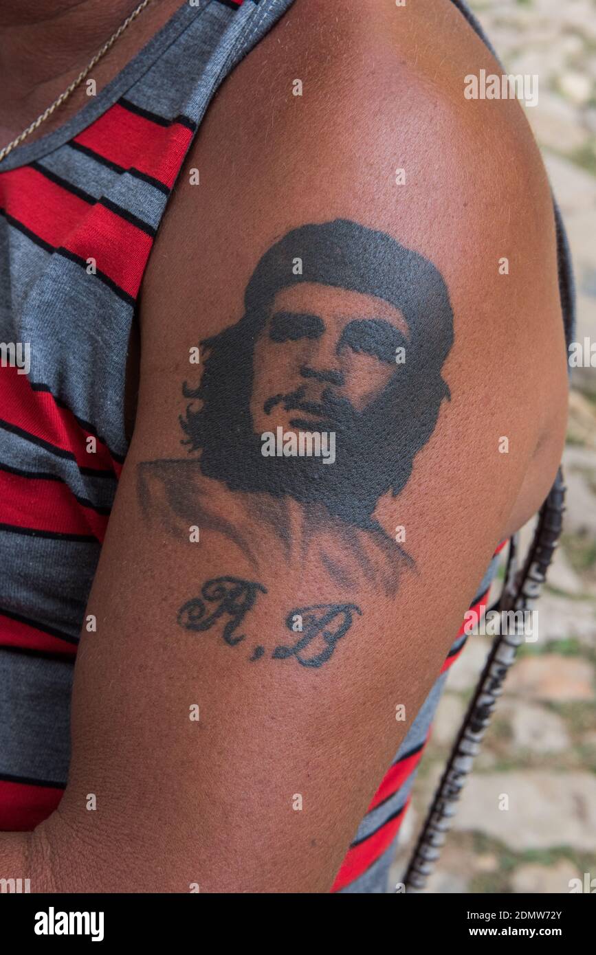 Fidel Castro as a tattoo on a Cuban's man arm Stock Photo