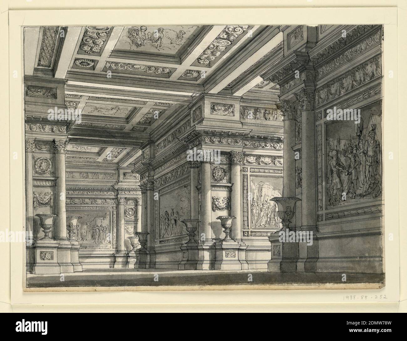Stage Design, Room in the Palace of Titus for the Opera 'La Clemenza di Tito' by Mozart, Romolo Achille Liverani, Italian, 1809 - 1872, Alessandro Sanquirico, Italian, 1777 - 1849, Pen and black ink, brush and gray wash on white laid paper, Horizontal rectangle. Interior of vast hall decorated with pictures on walls in architectural setting., Milan, Italy, 1818–19, theater, Drawing Stock Photo