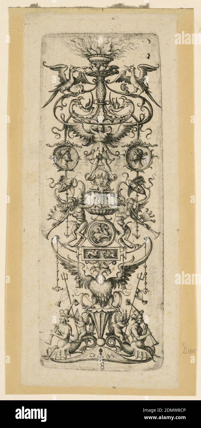 Ornamental Candelabrum, Daniel Hopfer, German, 1470 - 1536, Etching on white laid paper, lined, Vertical rectangle showing candelabrum motif composed of a double-headed eagle, mask, cameo coins and fantastic creatures., Augsburg, Germany, Germany, 1520, ornament, Print Stock Photo