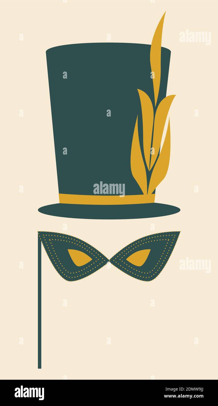 Mardi Gras costume element. Carnival mask and opera hat. Mask decorated with golden beads. Isolated vector illustration. Stock Vector
