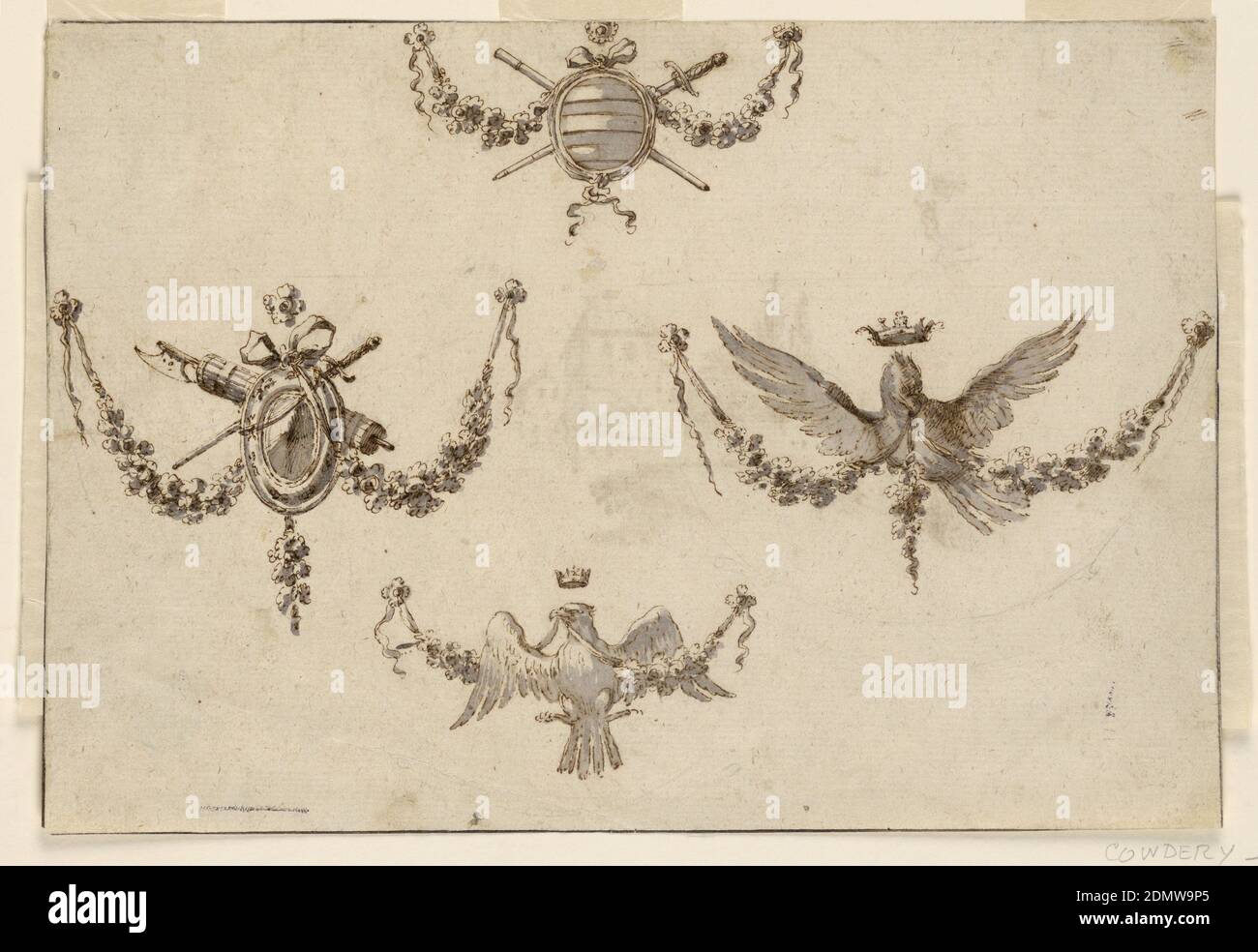 Design for Four Festoons, Pen and brown ink, brush and grey wash, graphite framing lines on cream laid paper, Horizontal rectangle showing design for four festoons. At top, a shield with crossed swords; at center left, a fasces and shield; at center right, a resplendent crowned eagle; at bottom, a perched crowned eagle. Verso, in pen and ink: the top of a hill and garden., Italy, ca. 1780, ornament, Drawing Stock Photo