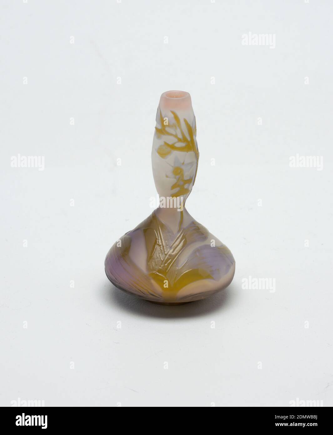 lavender, Gallé, Emile Gallé, French, 1846 - 1904, Glass, Vase with bulbous body, elongated swollen neck; decorated with mustard yellow and lavender plants and flowers on white-gray background., France, late 19th–early 20th century, glasswares, Decorative Arts, Vase, Vase Stock Photo
