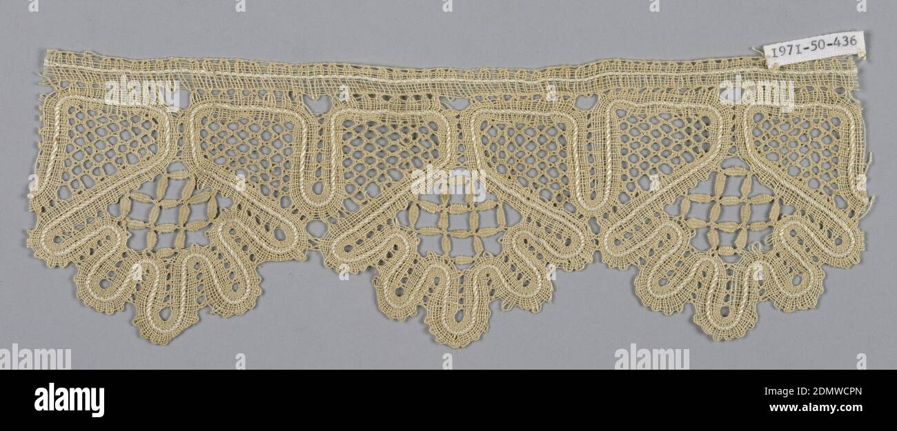 Trimming, Medium: linen Technique: bobbin lace, peasant style, A band with blossoms forming tabs., Russia, 19th century, lace, Trimming Stock Photo
