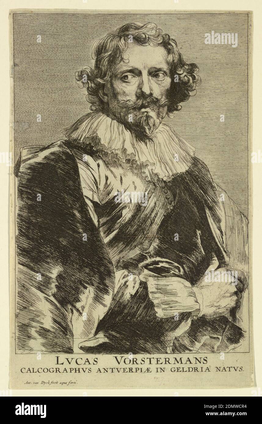 Portrait of Lucas Vorsterman I, from the Icones Principum Virorum, Anthony van Dyck, Netherlandish, 1599 – 1641, Etching and engraving on laid paper, Portrait of a man (Lucas Vorsterman [1624-after 1651/52]), the figure turned toward right; the head facing almost frontally, looking left. He wears a cloak, and his right hand is visible grasping it. Inscription below: 'LVCAS VORSTERMANS CALCOGRAPHVS ANTWERPIAE IN GELDRIA NATVS.' At lower left: 'Ant. van Dyck fecit aqua forti.', Netherlands, 1630–1641, portraits, Print Stock Photo