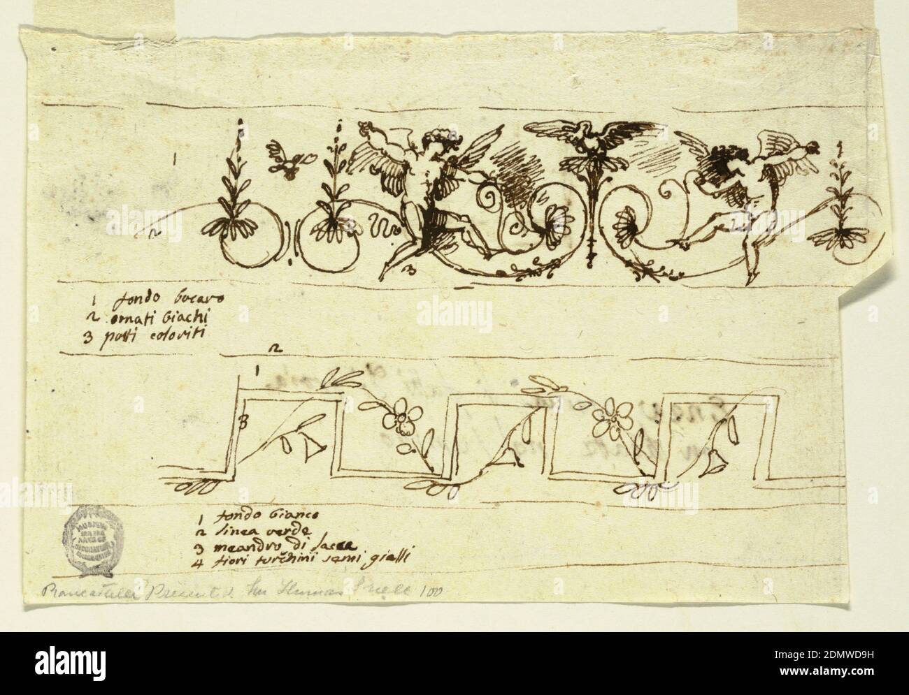 Two Friezes, Felice Giani, Italian, 1758–1823, Pen and bistre on paper, Horizontal rectangle. Right edge above: windged putto sit upon scrolls symmetrically arranged on stem with blossom, and swan in the internval. From spirals rises stem with leaves. Above interval, bird. Figures 1 to 3, below, at left: '1 fondo bocaro/ 2 ornati bianchi/ 3 putti coloriti.' Below: a rectularly broken band entwined with waved flower-stem. Figures 1 to 3: '1 fondo bianco/ 2 linea verde/ [framing lines above and below] 3 meandro di Sacca/ 4 fiori tiuchini semi gialli.' Verso: section of room with vaulted ceiling Stock Photo