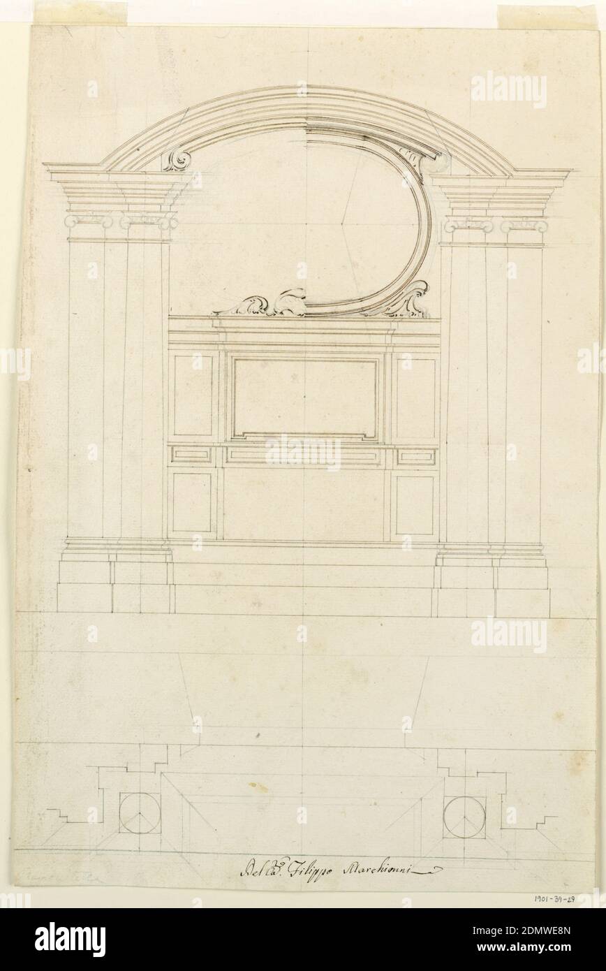 Unfinished Elevation of an Altar, Filippo Marchionni, Italian, 1732–1805, Graphite, pen and ink on laid paper, Pairs of Ionic columns or pilasters support laterally entablatures which are connected by the segment of an arch. A tripartite structure of two stories stands between the columns; two alternative suggestions for a molded horizontally oblong frame over the altar. Bottom: a plan suggesting single columns standing before corners of the wall., Italy, ca. 1750, architecture, Drawing Stock Photo