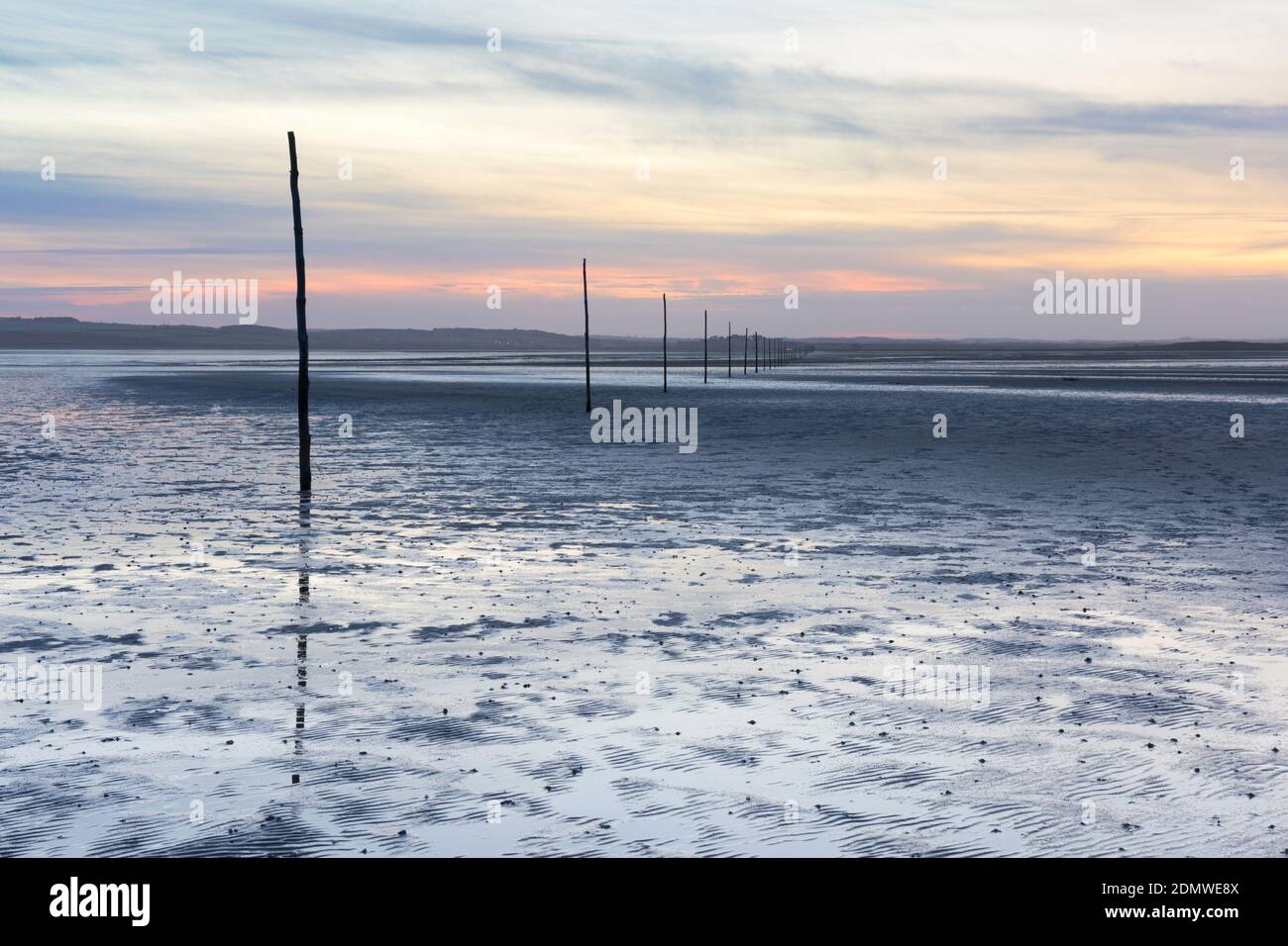 Sunset over the posts which mark the way across the causeway from the mainland to Holy Island, Northumberland Stock Photo