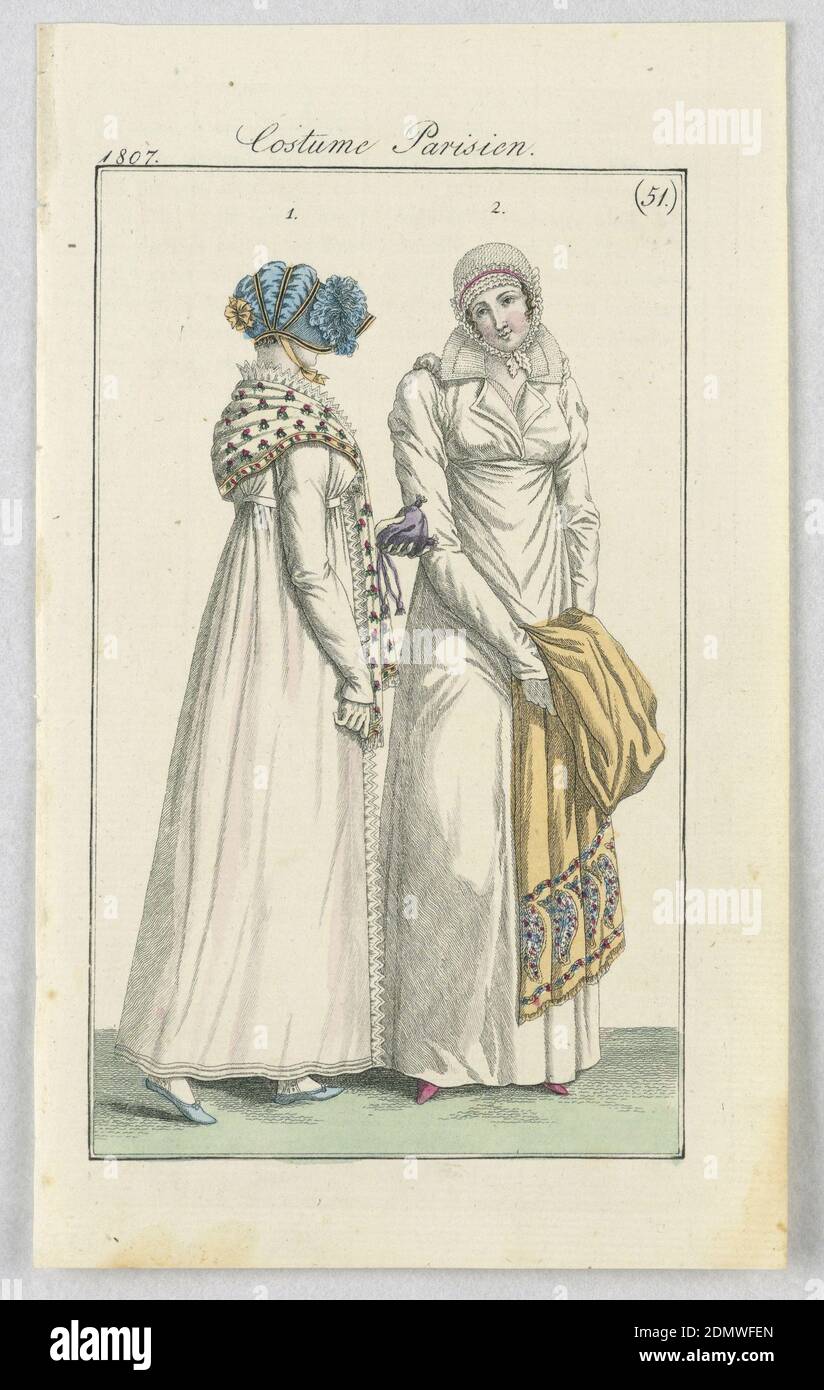 Plate 51, Costume Parisien (Parisian Costume), Journal des Dames et des Modes (Journal of Ladies and Fashion), Carle Vernet, French, 1758–1836, Pierre-Antoine Leboux de La Mésangère, French, 1761–1831, Engraving, hand-colored with brush and watercolor on off-white paper, Fashion illustration featuring two women wearing long, white dresses standing next to each other. The woman on the right faces the viewer and tilts her head slightly towards the left, holding a yellow shawl with a colorful paisley print at the bottom. She also wears pink shoes and a white bonnet with pink trim. Stock Photo
