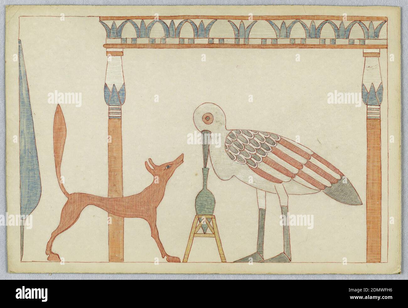 The Fox and the Stork, Illustration for Aesop's Fables, Victor Wilbour, Pen and red ink, crayon on white board, Stork facing left in profile, its beak in a vase, center. Fox at left, in right profile. Two columns in Egyptian style., USA, ca. 1916, Drawing Stock Photo