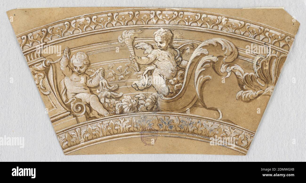 Project for a Ceiling Frieze, Pen and brown ink, brush and brown wash, white heightening on off-white laid paper, Trapezoid. At right, half an escutcheon with scrolling acanthus leaves. At left, two putto, one holding a torch., Italy, mid- 17th century, interiors, Drawing Stock Photo