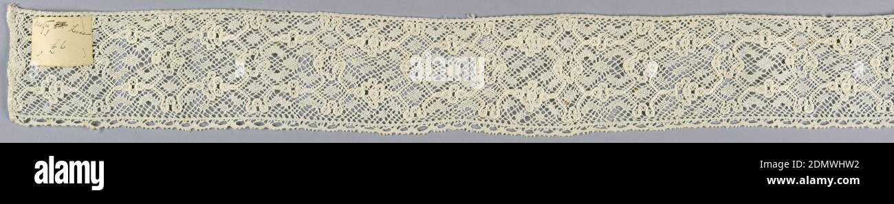 Border, Medium: linen Technique: bobbin lace made in Lille style with heavy outlining thread and twisted torchon ground, 19th century, lace, Border Stock Photo
