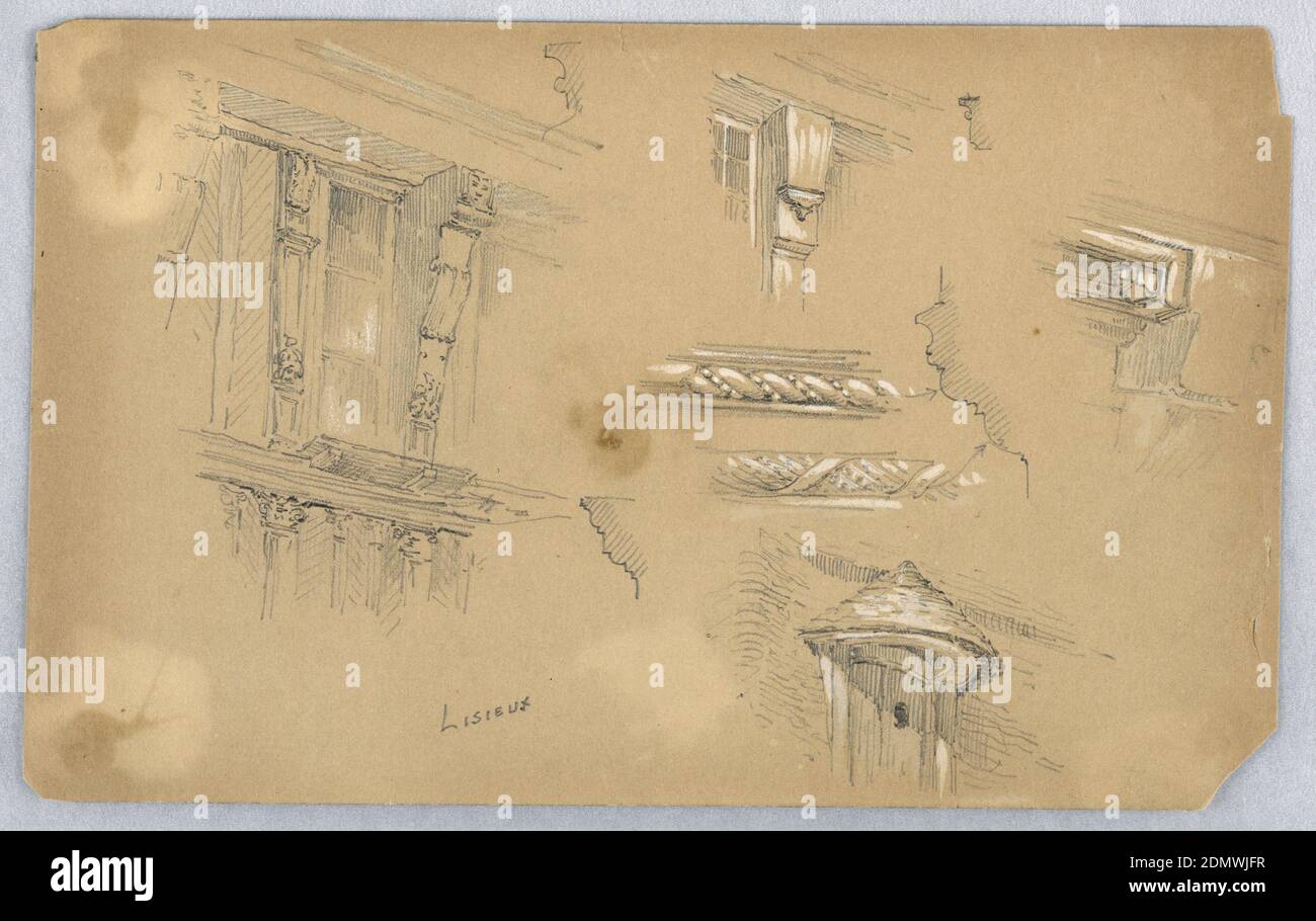 Architectural Details at Lisieux, Arnold William Brunner, American, 1857–1925, Graphite and white heightening on brown paper, Window and roof support, left; mouldings, right., USA, 1883, architecture, Drawing Stock Photo