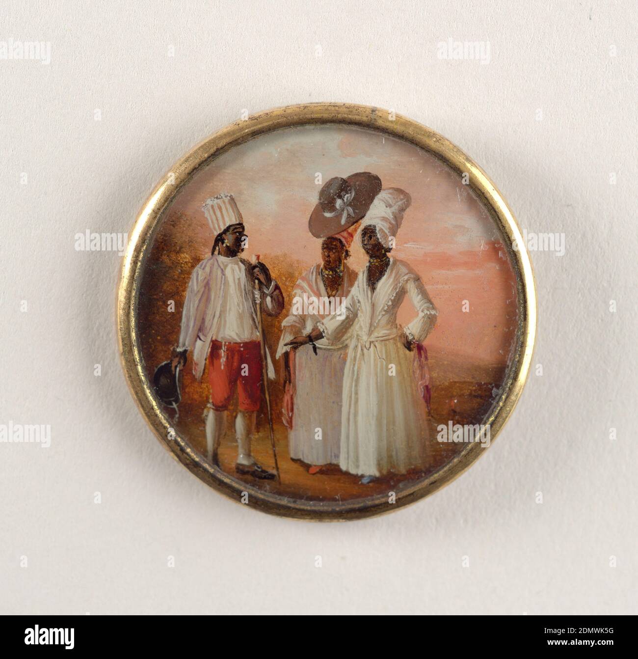 Button, Gouache paint on tin verre fixé, ivory (backing), glass, gilt metal, Button depicting scene with three figures in a pink-hued landscape. Man at left, wearing striped turban and red pants, doffs his hat for two women at right who wear white dresses and turbans; one of them women also wears a sunhat over her turban., late 18th century, costume & accessories, Decorative Arts, Button Stock Photo