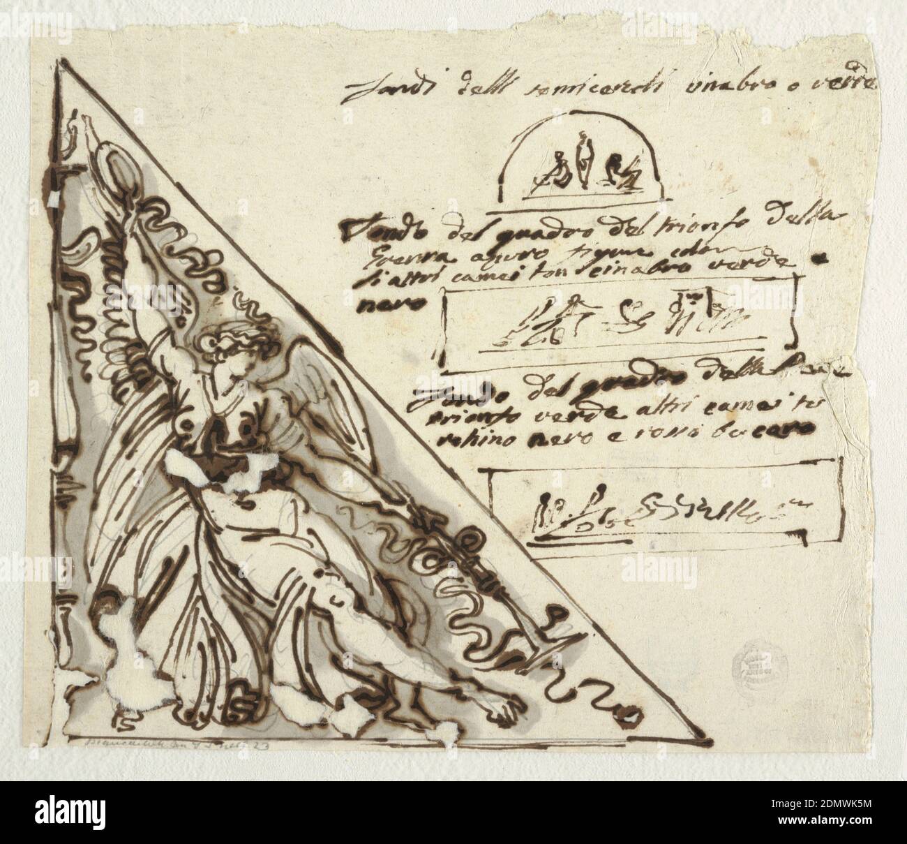 Design for Victory holding a Wreath and Trumpet and Studies for Various Decorations, Felice Giani, Italian, 1758–1823, Pen and brown ink, brush and gray-brown wash over black chalk on laid paper, At left, in right triangle, winged female genius, seated beside candelabrum, raises wreath with right hand and holds trumpet in lowered left hand. At upper right, in semicircle, two seated figures on either side of motif with inscription above: Fondi delli semicercole cinabro o verde; in rectangle below, two figures, one seated, one standing with inscription above: Fondo del quadro del trionfo della Stock Photo