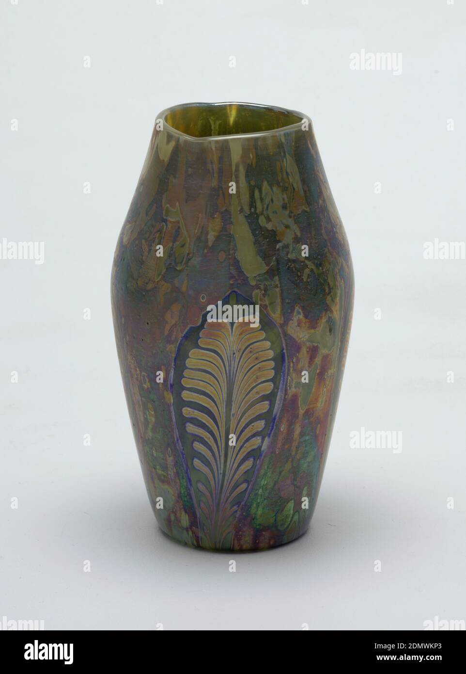 Cypriote, Tiffany & Company, American, established 1853, Blown glass, Blown  'Cypriote' ware vase with curved shoulder. Neck tapered inward toward plain  rim. Lustred in overall mottled iridescent pattern, with four oval reserve