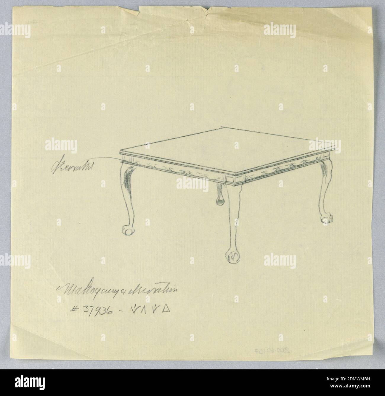 Design for Rectangular Mahogany Table with Inlay Top, A.N. Davenport Co., Graphite on thin cream paper, Rectangular molded table top with suggested inlay decoration aroung lower rim, raised on 4 cabriole legs terminating in carved ball-and-claw feet., 1900–05, furniture, Drawing Stock Photo