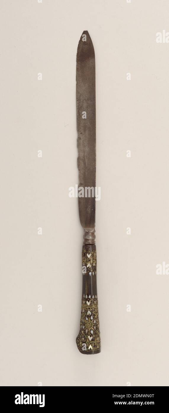 Knife, Horn, gold, mother-of-pearl, steel, Leaf-shaped blade, baluster  bolster; facetted wooden handle similar to 1985-103-35; piqué with gold,  steel and green-stained ivory in form of leafed-shaped motifs, dots, and  rozettes. Handle inlaid