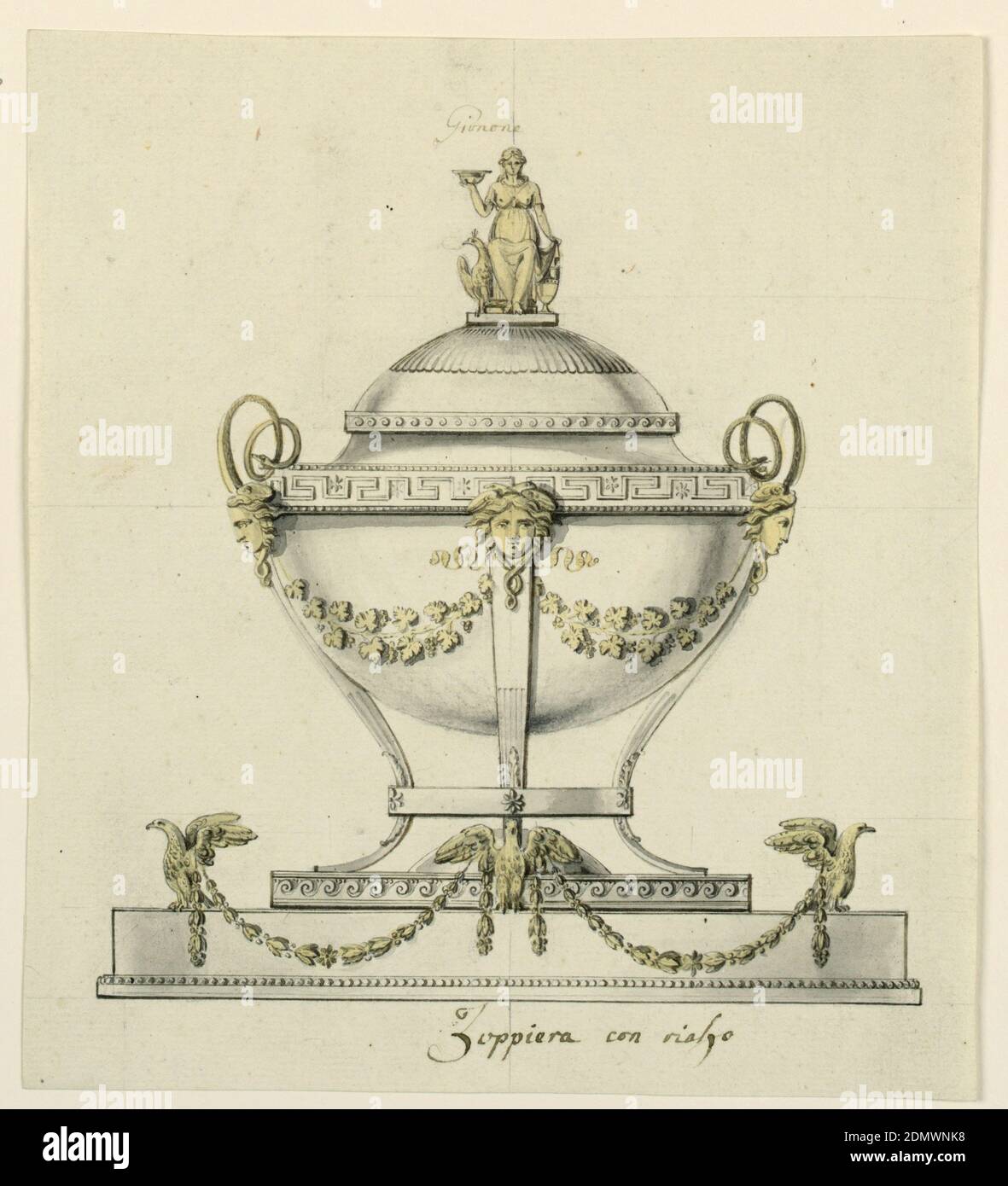 Design for a Round Tureen, Giovacchino Belli, Italian, 1756 - 1822, Pen and ink, brush and watercolor, graphite on paper, Vertical rectangle. Design for a round tureen intended to be executed in partly gilded silver. The round base is similar to that in 1938-88-651: a round base of two sections, the lower one showing a fret band. Four standing displayed eagles carrying festoons are intended upon the upper section, three shown. A round pedestal rises in the middle. Upon it stands upon four curved legs the bowl, described with leaf festoons hanging from Medusa masks at the upper ends of the legs Stock Photo