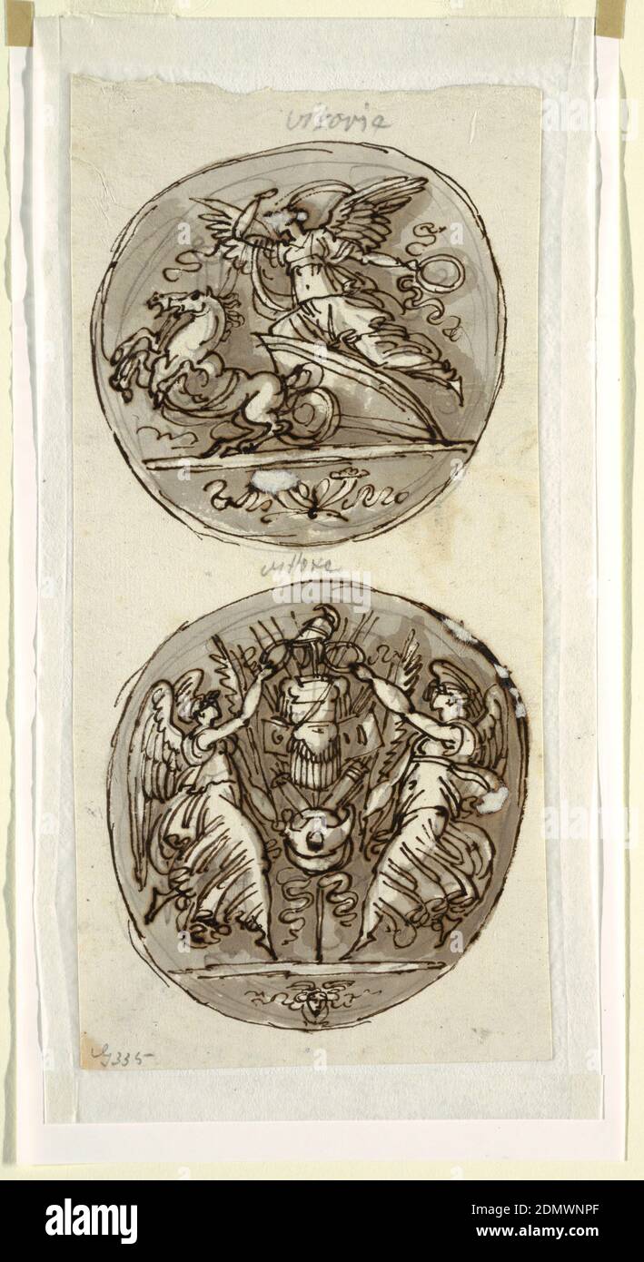 Two Victories in Roundels, Felice Giani, Italian, 1758–1823, Pen and brown ink, brush with brownish grey wash on rough laid paper, Vertical rectangle top: circular medallion with Victory in chariot, directed toward left. Bottom: ovoidal medallion with two female genii raising wreaths above, panoply. Caption above top medallion, 'Vittorie;' and bottom medallion 'Vittore', Captions, as in 1901-39-3259: 'Vittorie.' Verso: part of pen sketch similar to 1901-39-3259., Italy, 1812, figures, Drawing Stock Photo