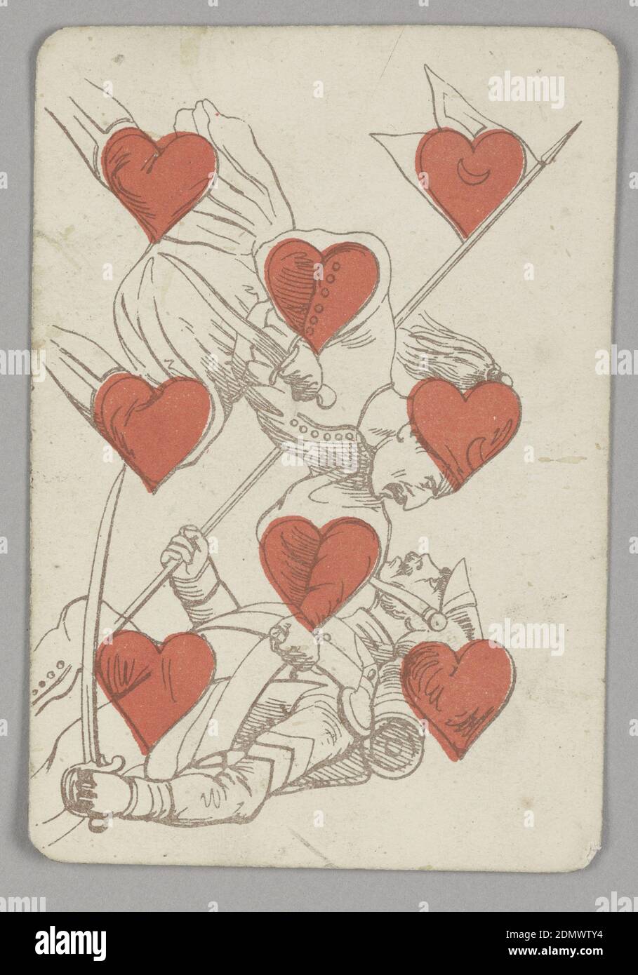 Eight of Hearts, E. Le Tellier, French, active late 19th century, B.P. Grimaud, Paris, France, Lithograph on paper, Eight of Hearts playing card from a pack of transformation playing cards. Vertically, a figural scene shown in outline, red hearts integrated into various parts of the scene. Two soldiers engaged in a swordfight, each in different costume. The figure at top stabs the man at bottom with a dagger; the injured man holds a long pole bearing a flag with a heart and crescent moon., Paris, France, late 19th century, toys & games, Playing card Stock Photo