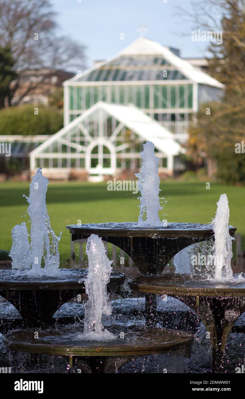 Water fountain and glass House Cambridge Botanical Gardens, Cambridge Stock Photo