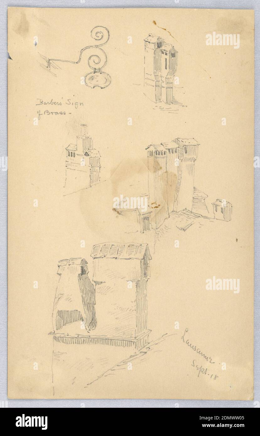 Chimneys – Lusanne, Arnold William Brunner, American, 1857–1925, Graphite and blue wash on light brown paper, Four sketches of chimneys; upper left, barber’s sign of brass., USA, 1883, animals, Drawing Stock Photo