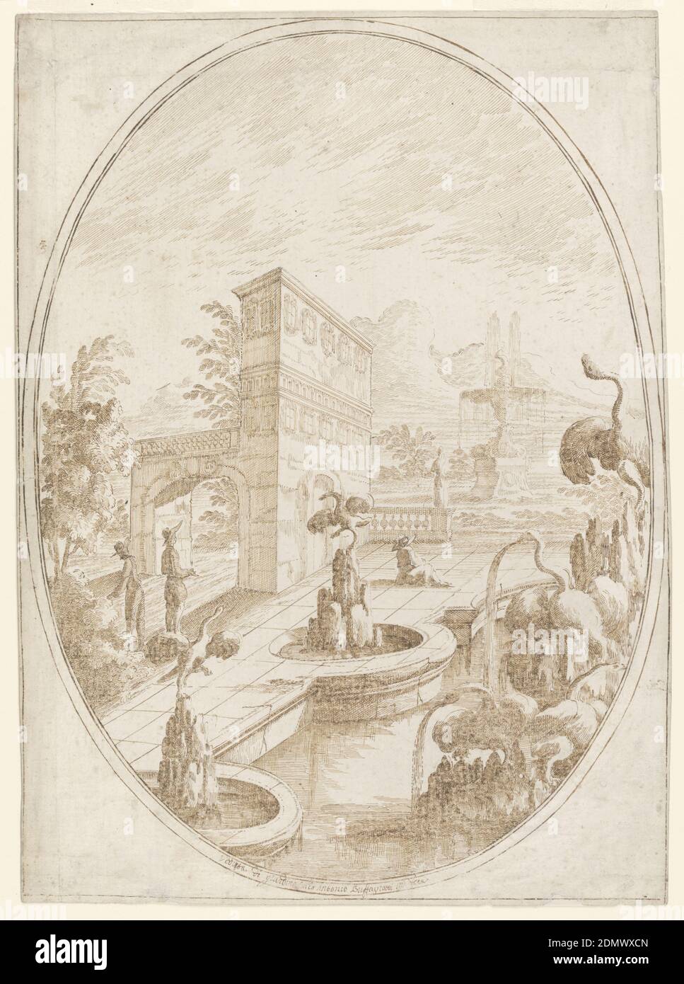 Fantastic Garden, Carlo Antonio Buffagnotti, Italian, ca. 1660–after 1715, Pen and brown ink, black chalk on off-white laid paper, Within a vertical oval, an outdoor view of a garden terrace. At right is a fountain with birds upon rocks. Fantastic architecture rises in the left middle distance. Figures of men wearing wide-brimmed hats stand or sit respectively upon the terrace. A balustrade forms the rear enclosure--a part of it is shown forming a corner with the architecture. Another fountain stands in the garden in the right distance. Framed by an ovoidal moulding which is inscribed Stock Photo