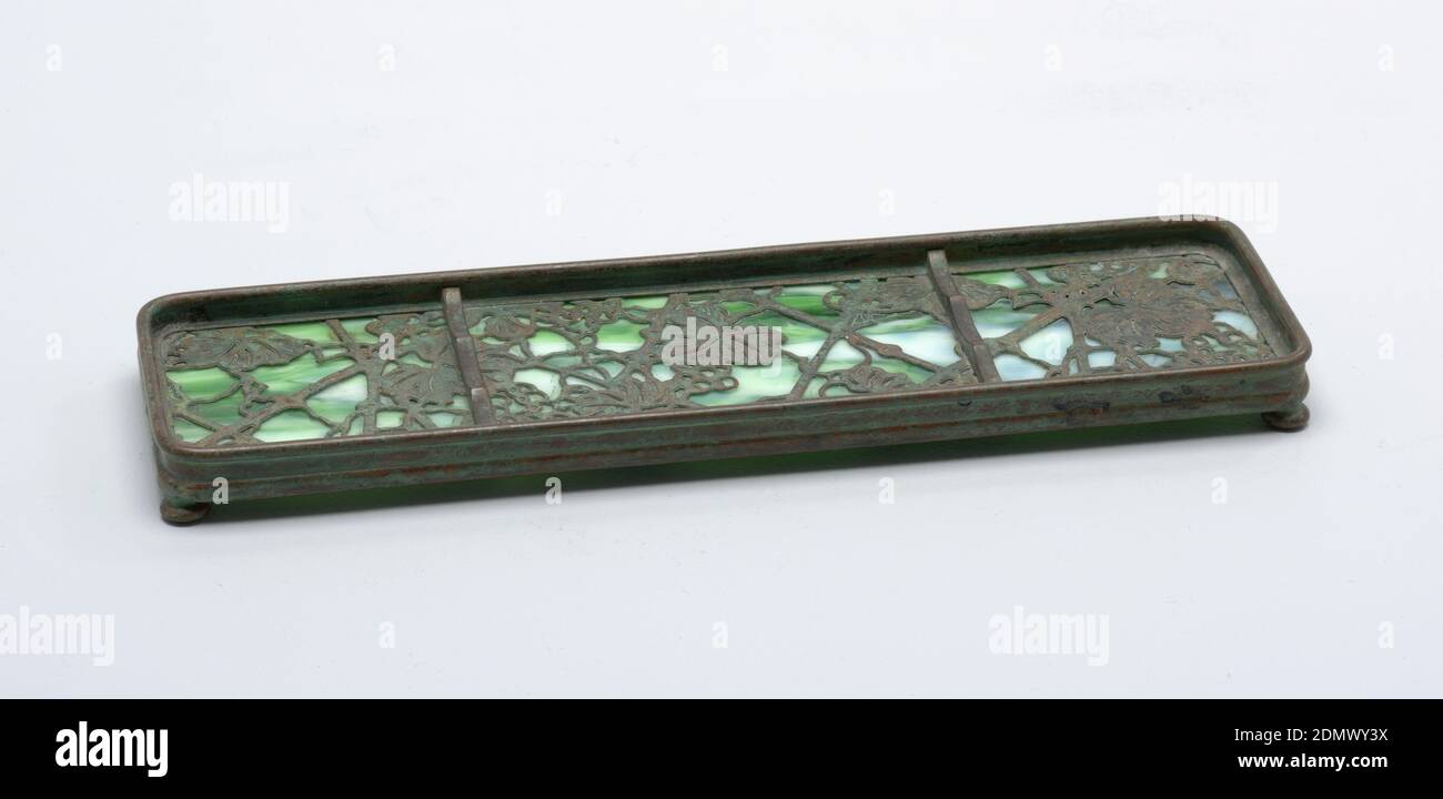 Pen Tray Louis Comfort Tiffany American 1848 1933 Favrile Glass Bronze One Piece Of A Six Piece Desk Set Pen Tray Of Favrille Glass And Bronze In A Grapevine Pattern Tray Is Shallow And