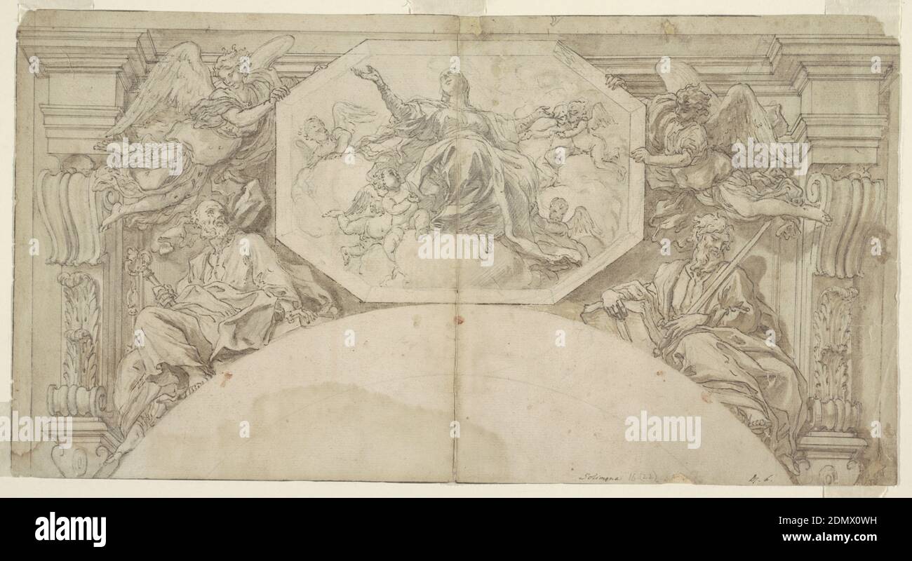 Virgin in Glory with St. Peter and St. Paul, Francesco Solimena, Italian, 1657–1747, Pen and brown ink, brush and brown wash, black chalk on paper, Painted architecture for a fresco above and arch. Two angels support a framed picture of the ascension of the Virgin. Below sitting: St. Peter and St. Paul., Naples, Italy, ca. 1715, architecture, interiors, Drawing Stock Photo