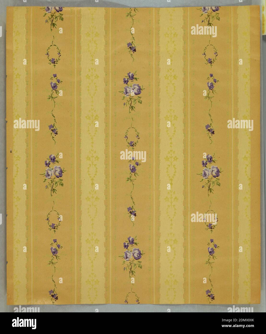 Sidewall, Machine-printed, Vertical stripes of garland, leaves and lavender flowers., USA, 1890–1910, Wallcoverings, Sidewall Stock Photo