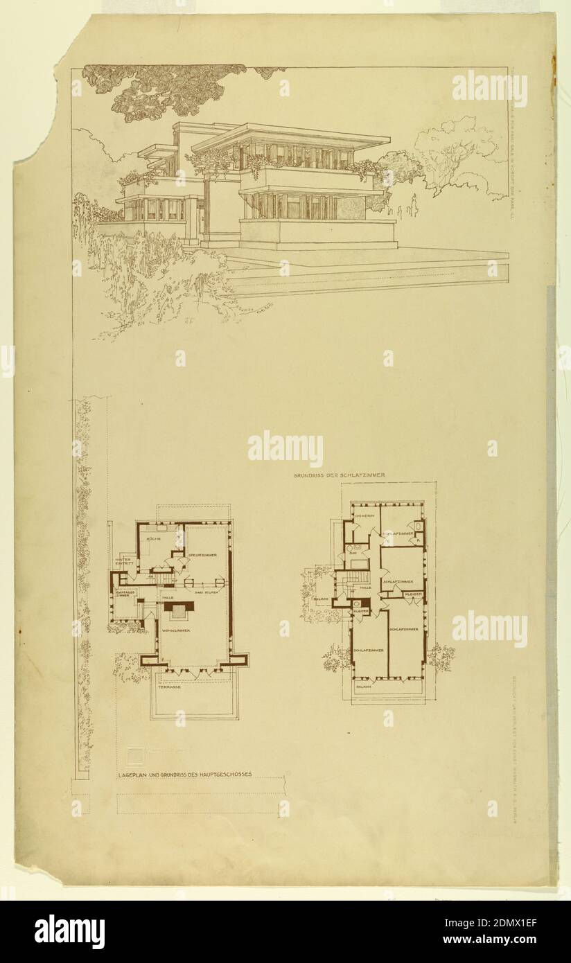 Perspective and Plan for Gale House, Oak Park, IL, Lithograph on paper, Perspective view of house at top, plus two plan views at left and right, below., Germany, USA, 1910, architecture, Print Stock Photo
