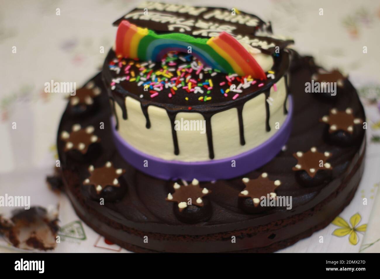 The chocolate birthday cake with candle Stock Photo - Alamy