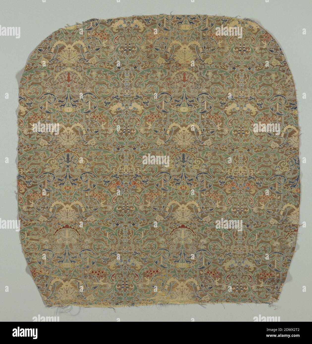 Fragment, Medium: silk, metallic Technique: woven, Close pattern of scrolls and curves., China, 19th century, woven textiles, Fragment Stock Photo