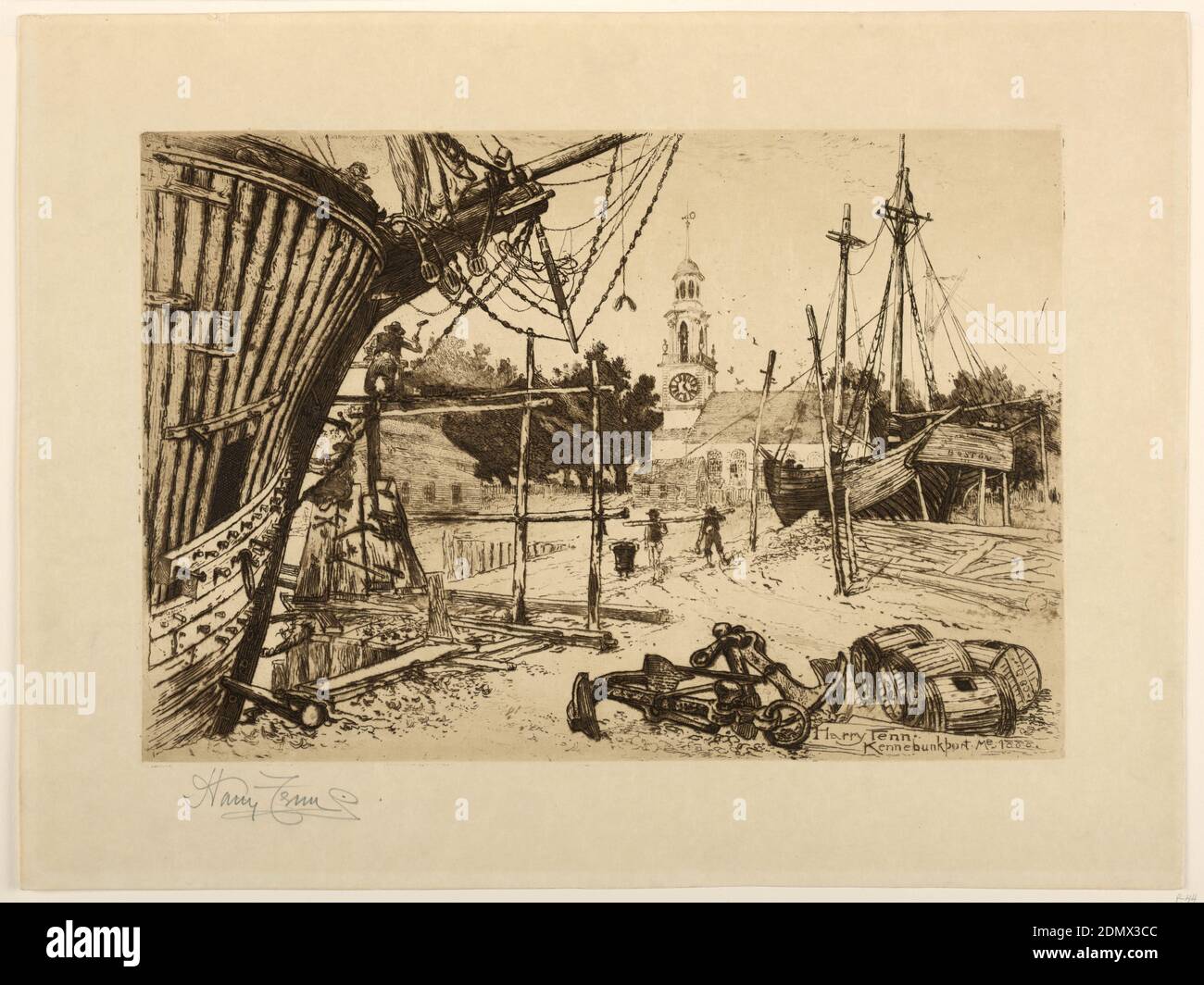 Wharf, Kennebunkport, Maine, Harry Fenn, American, 1845–1911, Etching with dark brown ink on cream wove paper, Fishing boats tied up at the wharf; in the background, the church of Kennebunkport., USA, 1888, seascapes, Print Stock Photo