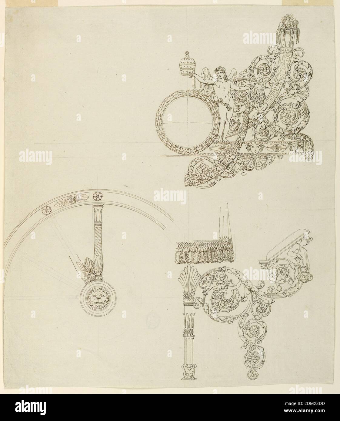 Designs for Parts of a Coach, Pen and sepia ink, graphite on paper, Vertical rectangle. Design for parts of a coach more probably of Pope Gregory XVI (1831-1846) than Pope Pius IX (1846-1878). Above, the center and the right half of the cresting on the back. A putto supports with the right hand the tiara above a laurel wreath and with the left hand a garland. A cornucopia and rinceaux at the outside. Below at left, a part of a wheel, at right the woodwork below the driver's cart, seen from the side; above the fringes of the drapery., Rome, Italy, 1835–40, transportation, Drawing Stock Photo