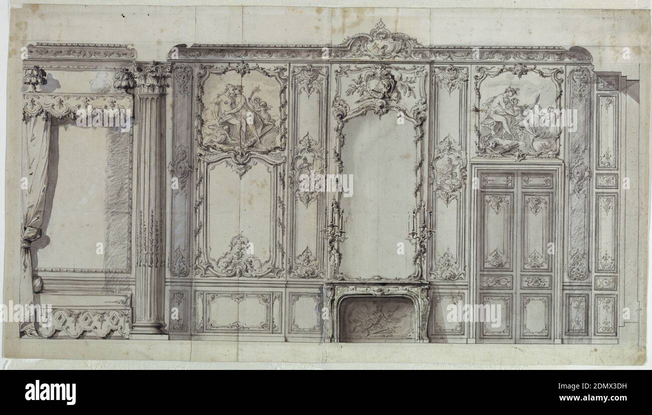 Wall Elevation of the Bedroom of the Prince de Rohan, Hôtel de Soubise, Paris, Germain Boffrand, French, 1667 - 1754, Pen and black, gray ink, brush and gray wash, gouache, graphite, on three joined sheets of white laid paper, incised for transfer to engraving plate, The elevation shows the bed alcove, seen from the side left, and set in beside one (of a pair) Corinthian columns. The rest of the interior shows a fireplace, center, and a double paneled door at the right. The wooden paneling is richly carved and painted, as indicated for the over-doors and the panel at left of the fireplace Stock Photo