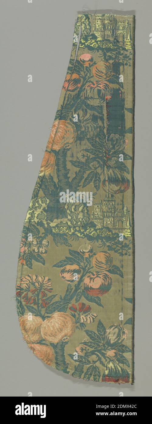 Textile, Medium: silk Technique: compound satin weave, Foreground design of heavy, large-scale branches with fruit and flowers while the background has small-scale chateaus. Predominantly in shades of green, orange and off-white., France, 1700–1750, woven textiles, Textile Stock Photo