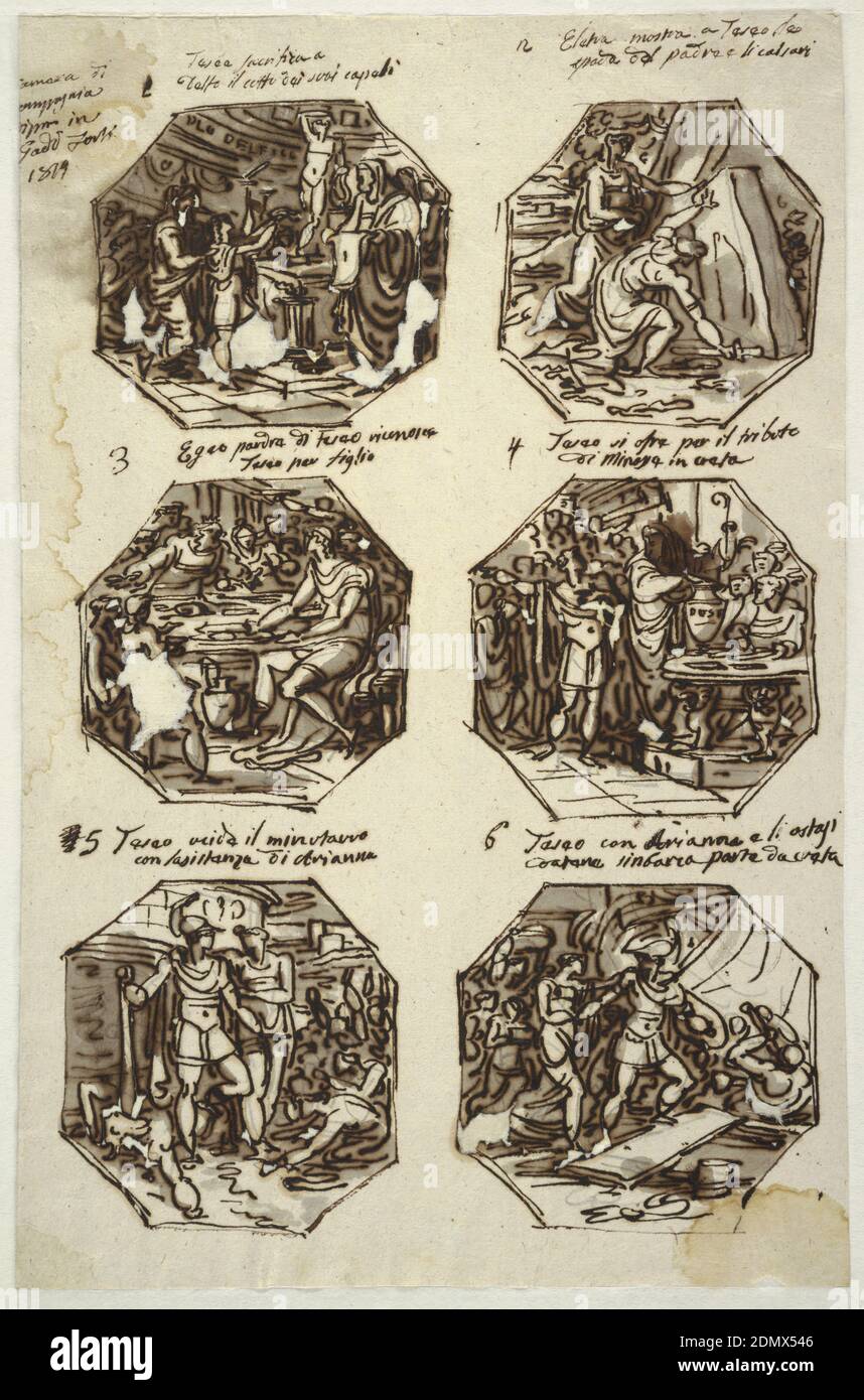 Six Theseus Subjects for the Palazzo Gaddi, Forli, Felice Giani, Italian, 1758–1823, Pen and ink, brush and grey watercolor wash over black chalk on paper, Six octagonal drawings of Theseus subjects. Written top left, 'Camera di/ compagnia/ dipinto in/ Gaddi Forli/ 1819.' Top row: Theseus as boy sacrifices hair to Apollo in Delphi. Accompanied by mother, Aethra, and companions, boy raises hair to statue of gods. Priests stand right. Written with ink on top, caption 1: 'Teseo sacrifica a /Delfo il ciuffo dei suoi capelli.' Theseus takes sword and shoes of Aegeus beneath stone. Stock Photo